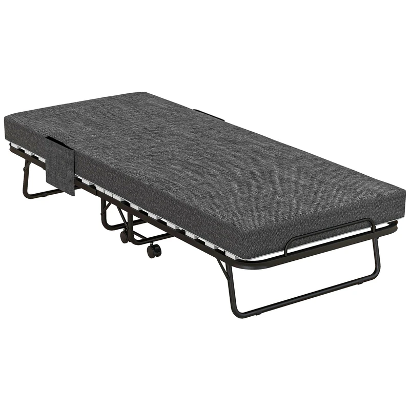 HOMCOM Folding Bed with Mattress, Foldable Guest Bed on Wheels, Portable Single Bed with 10cm Mattress, Side Pockets, Cover, 190 x 80cm, Dark Grey