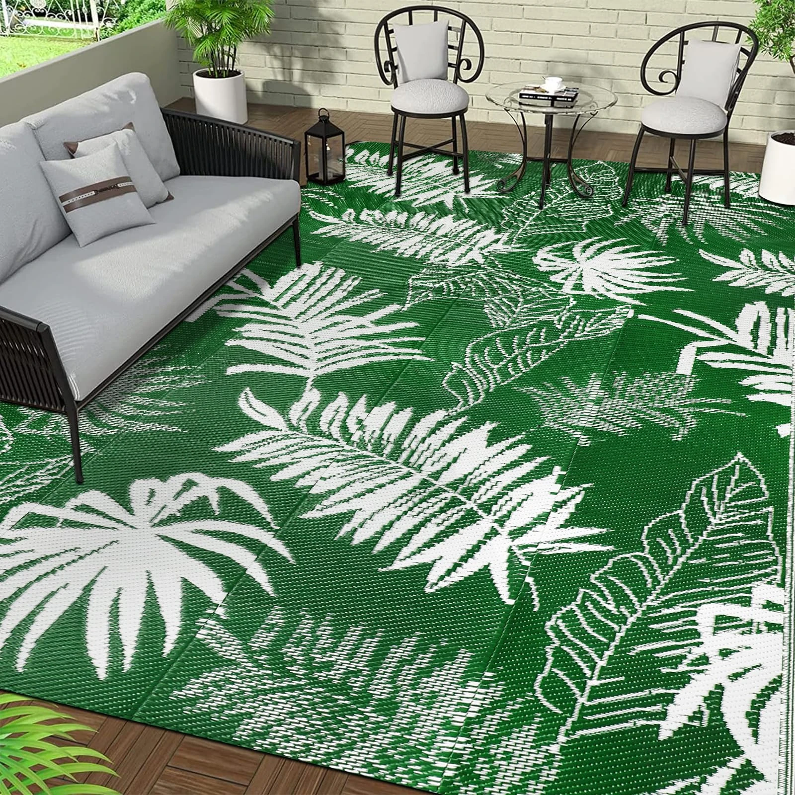 Falflor Large Outdoor Rug 270x365cm Plastic Picnic Blanket Outdoor Carpets for Patio Waterproof Reversible Garden Rug Large Floor Mat for RV Patio Beach Backyard Deck (Green)