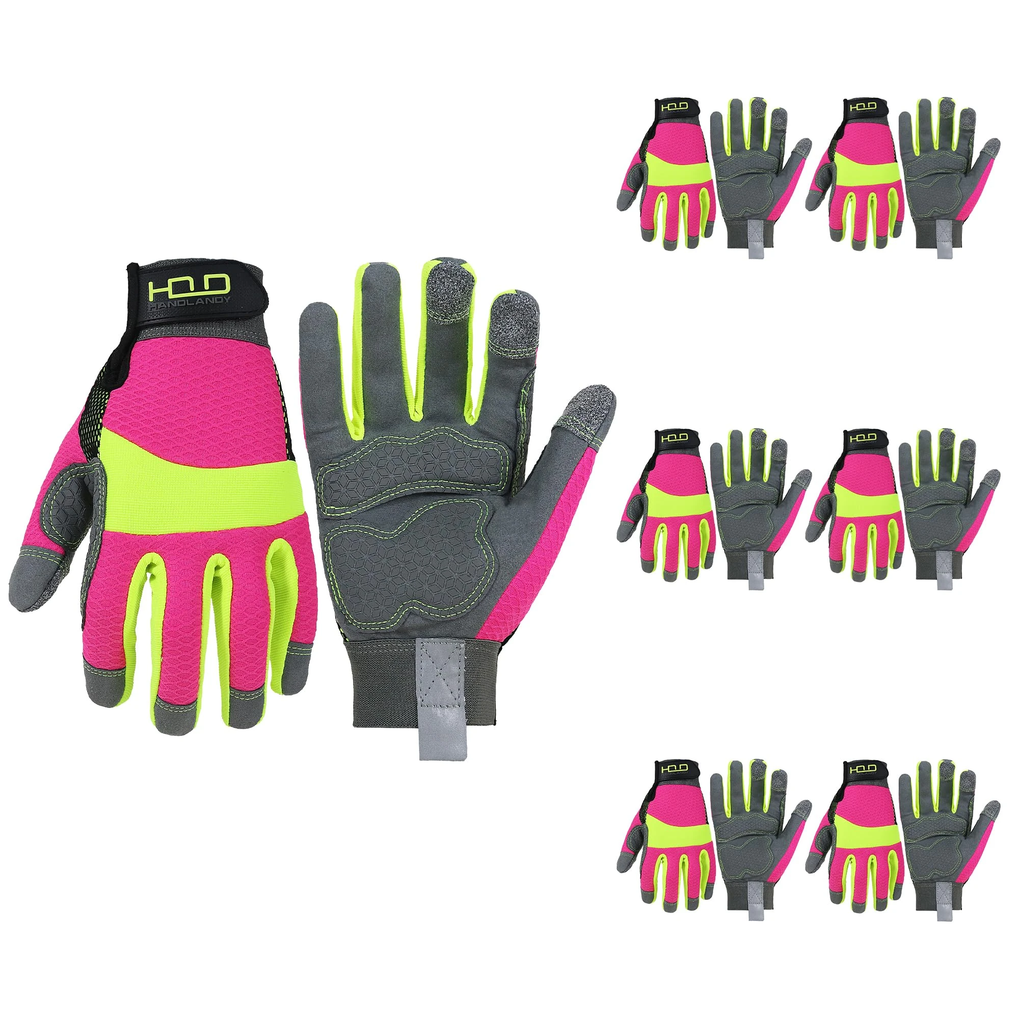 HANDLANDY Bulk 6 Pairs Anti Vibration Gloves Hi-vis Reflective Safety Work Gloves for Women, Touch Screen Breathable Flexible Grip Gloves (Hi-vis Pink, L)
