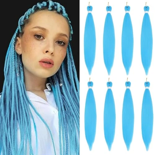Pre Stretched Braiding Hair 24 Inch Braiding Hair Extension for Twist Or Box Braids 8 Packs Crochet Braids Hair Extensions Synthetic EZ Braid Hot Water Setting Soft Yaki Texture(24nch, Light Blue)
