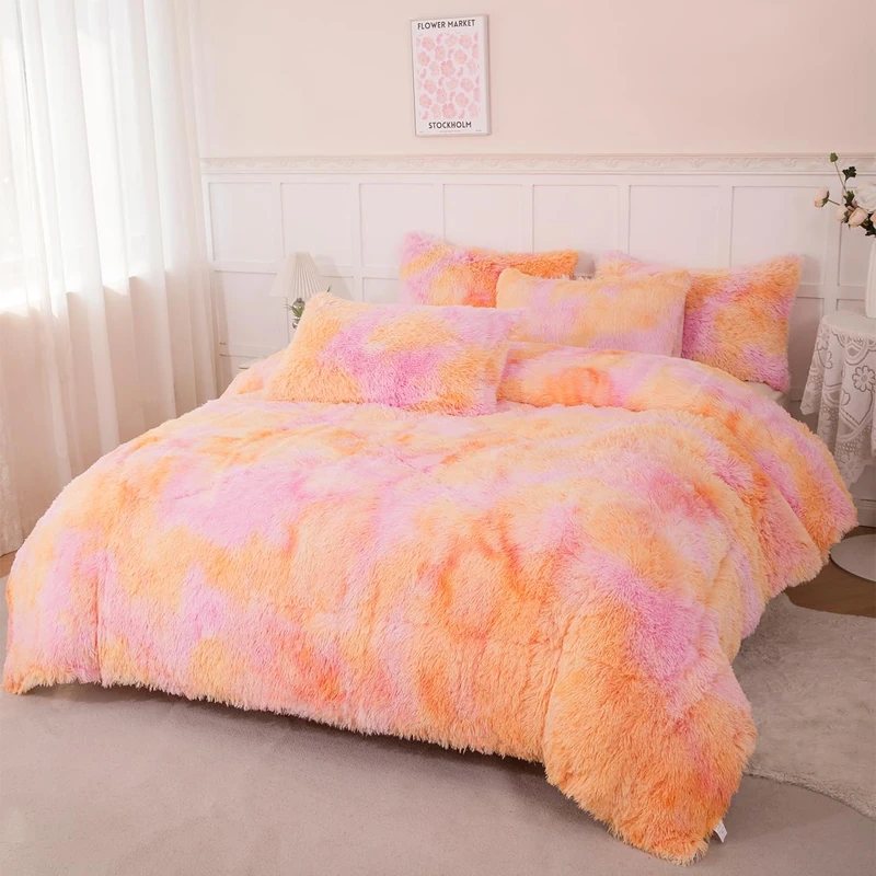 PERFEMET Fluffy Bedding Set Twin Size 3 Pieces Orange Pink Faux Fur Shaggy Comforter for Girls Teen Ultra Soft Cozy Velvet Fuzzy Furry Bed Set(Orange Pink, Twin)