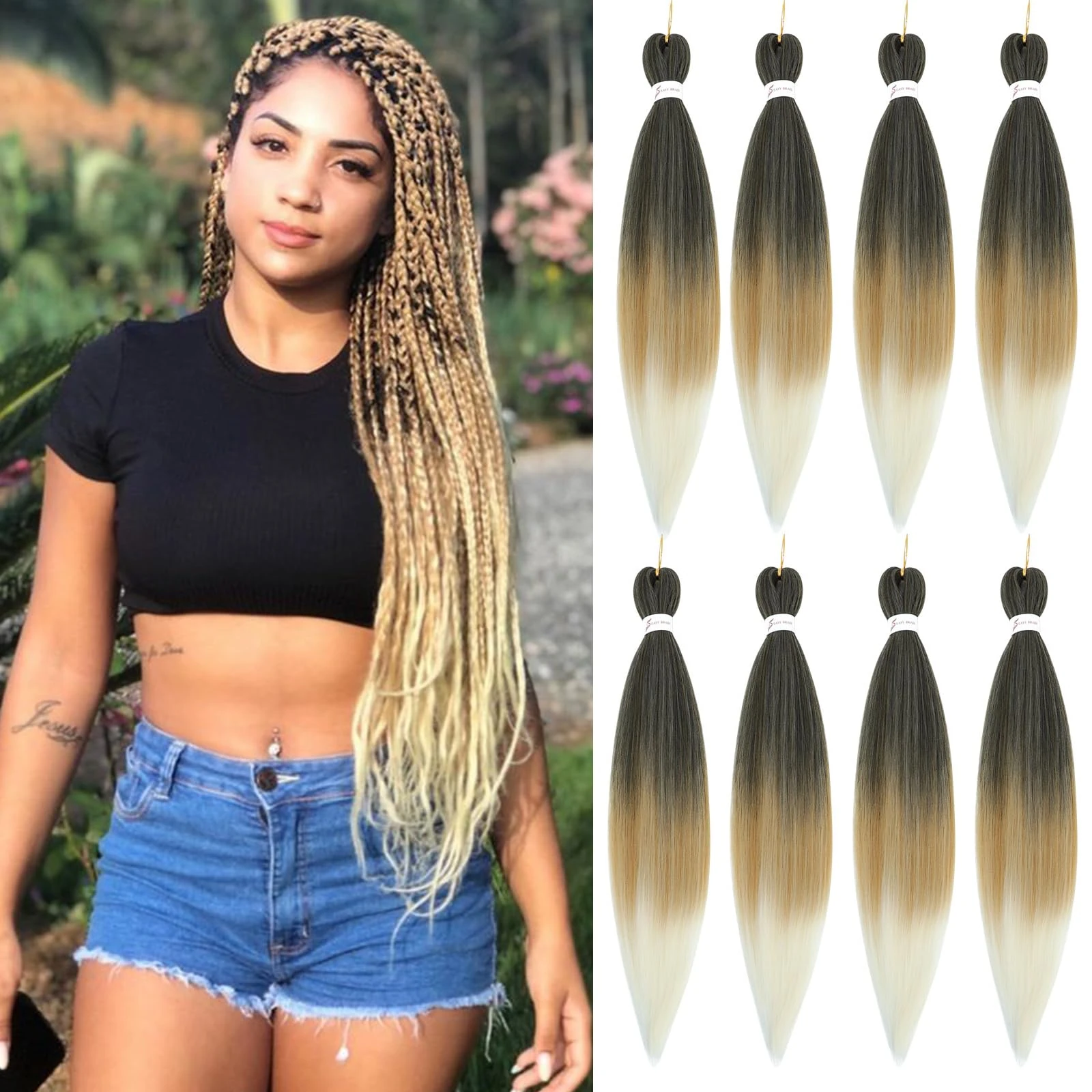 Pre Stretched Braiding Hair 24 Inch Braiding Hair Extension for Twist Or Box Braids 8 Packs Crochet Braids Hair Extensions Synthetic EZ Braid Hot Water Setting Soft Yaki Texture(24Inch, 1B/30/613)