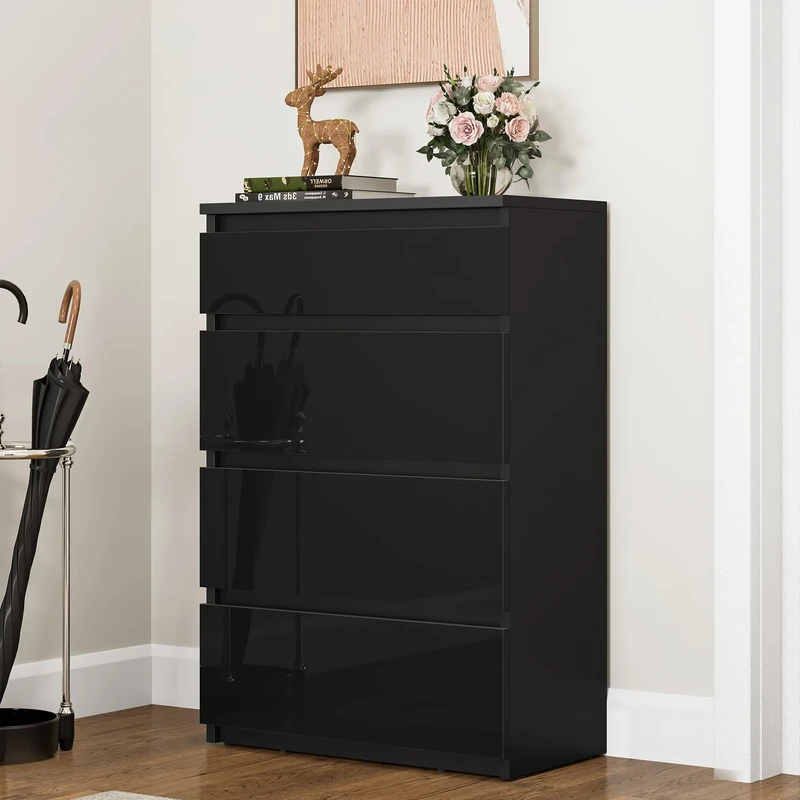 YITAHOME Chest of Drawers Wood, Chest of Drawers Bedroom, Contemporary High Gloss 4 Drawer, Bedroom Furniture, Bedroom Storage Unit, Sliding Drawers, Storage Cabinet, 92 * 33 * 60cm (Black)