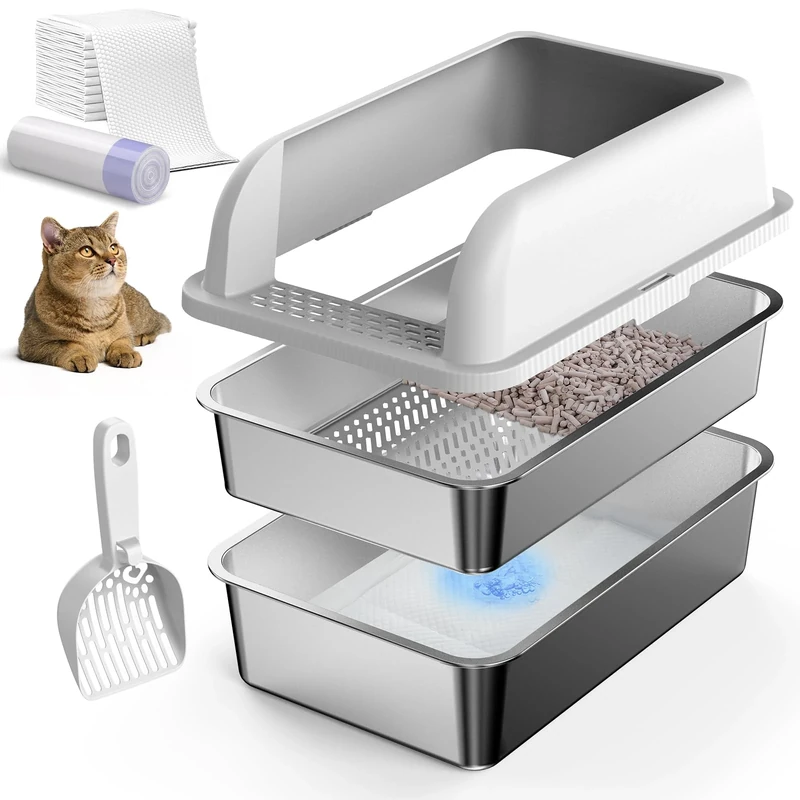23.6''x16''x12'' Enclosed Stainless Steel Cat Litter Tray with Lid, XL Sifting Litter Box for Pine Pellets, High Sides Metal Litter Tray System for Big Cats, Anti-Leakage, Easy Cleaning, Less Tracking