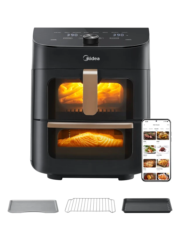 Midea 11L Dual Zone Air Fryer Oven with Wi-Fi & Alexa - 2 Independent Drawers, Visible Window, 10-in-1 Functions, Max Crisp Technology, Smart Sync Finish, Oil-Free Cooking, 2400W (Black/Rose Gold)