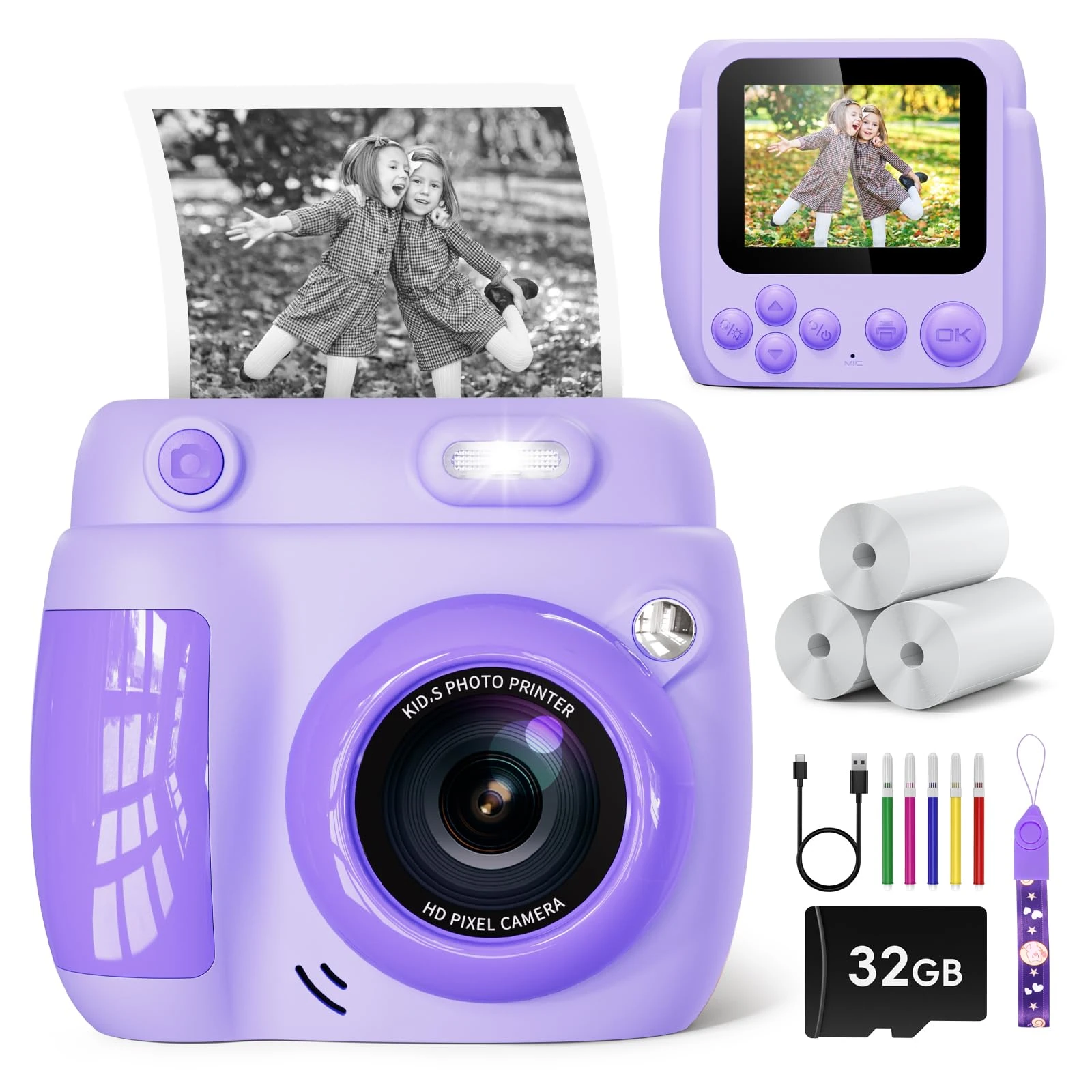 LETSHAHA Kids Camera Instant Print,2.4'' 1080P 20MP instant Print Camera with 32GB Card,3 Roll Printing Paper,5 Color Pen, Kids Gifts Toys for Girls & Boys Aged 3-12 (Purple)