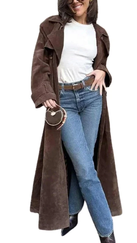 utcoco Womens Faux Suede Long Trench Coat Notched Lapel Double Breasted Pea Coat Overcoat with Belt, Brown, Small