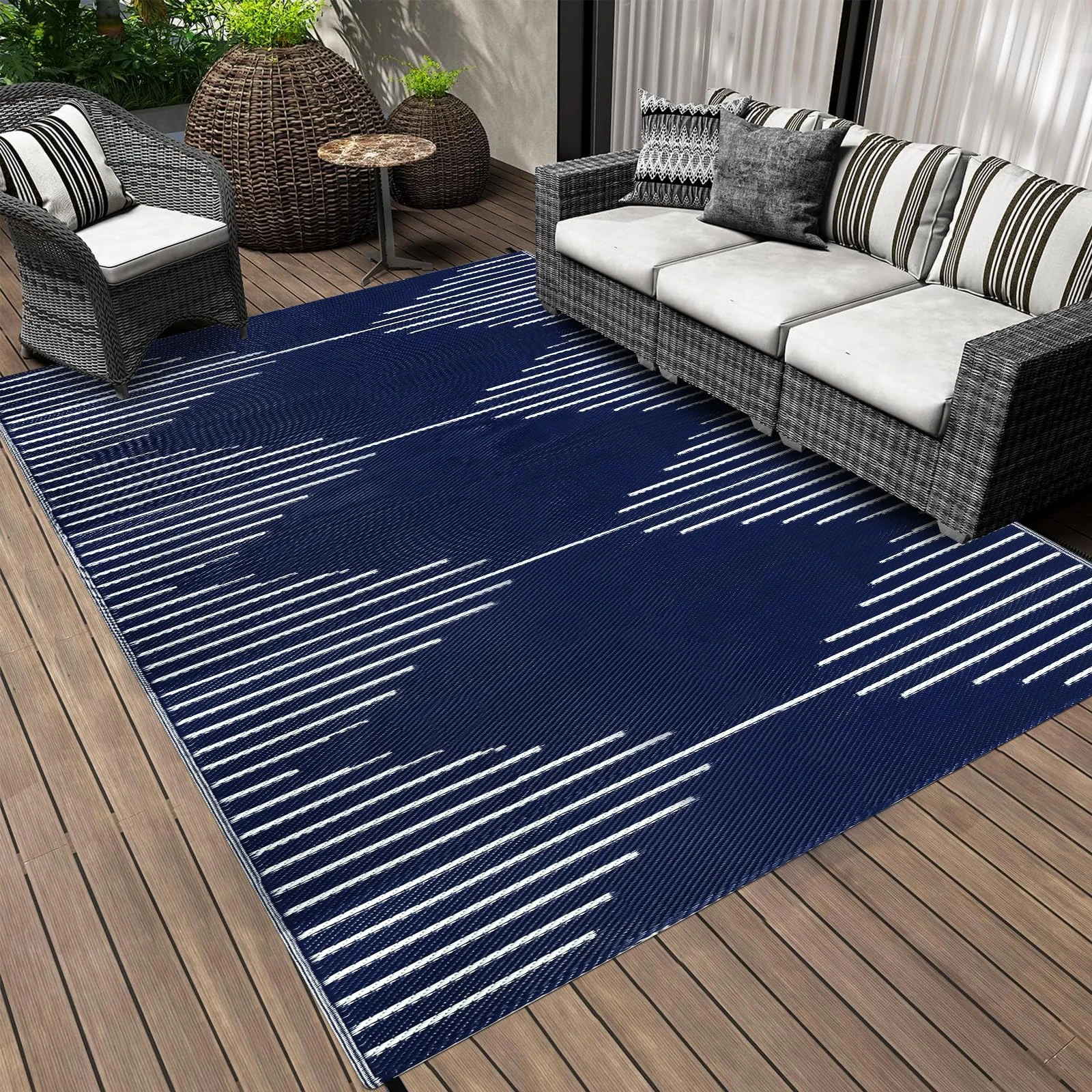 Falflor 150x245cm Reversible Outdoor Rugs for Patios Waterproof Plastic Picnic Blanket Garden Rugs Outdoor Waterproof Plastic Straw Mat for RV Backyard Beach Picnic Balcony(Blue)