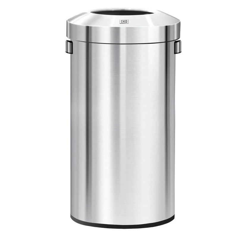 EKO 32-Gallon Round Stainless Steel Open Top Trash Can, Large Commercial Waste Bin with Detachable Lid and Carrying Handle, Brushed Metal Garbage Bin for Home, Office, Restaurant, Restroom