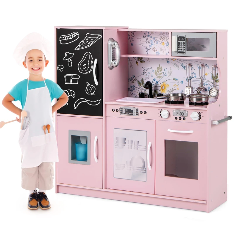 GYMAX Pretend Play Kitchen, Toddler Kitchen Playset (Light Pink)