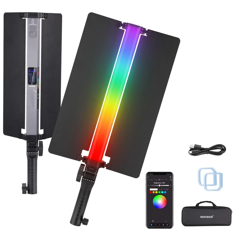 NEEWER RGB2 LED Tube Light Stick with Metal Barndoor, Handle, Touch Bar/APP/2.4G Control, Rechargeable Magnetic Handheld RGB Video Light, 2500K-10000K CRI98+ Dimmable Photography Lighting, 18 Scenes