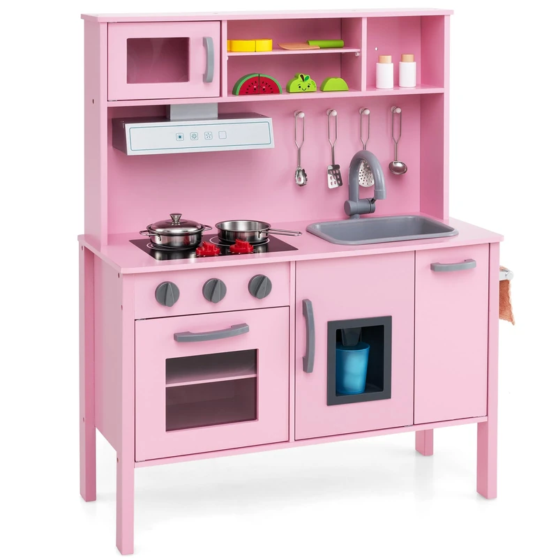 GYMAX Kids Play Kitchen, Children Toy Kitchen with Stoves, Microwave, Range Hood, Wash Machine, Oven, Cookware Utensils & Sounds, Wooden Cooking Role Playset for Girls Boys (Pink)