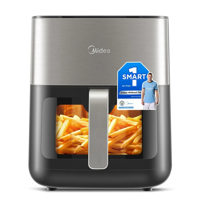 Midea 6.5L Digital Air Fryer with Dual Heating Tubes, 10-in-1 Functions, Max Crisp Technology, Visible Window, LED Touch Control, Oil-Free Cooking, Black/Steel