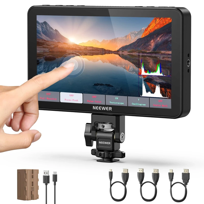 Neewer F700 7" Camera Field Monitor, 2000nit HD 1920x1080 IPS Touch Screen with 3D LUT, 4K HDMI Loop in/Out with Peak Focus DSLR Video Assist HDR Waveform, Cold Shoe Mount, 5200mAh Battery & Cable