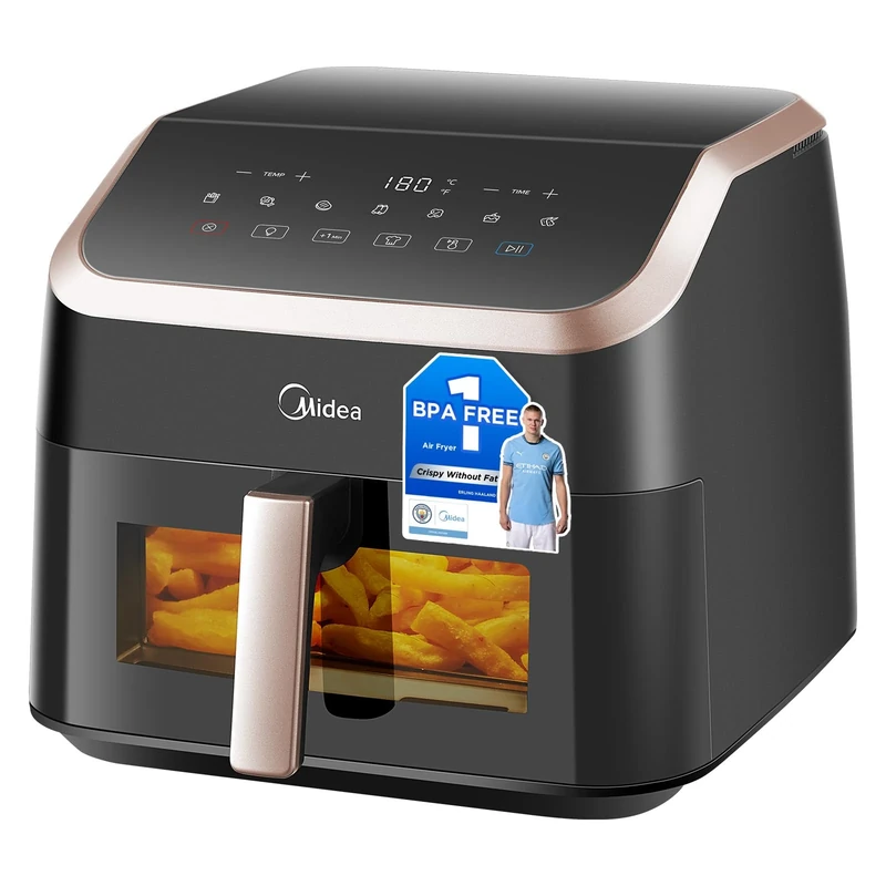 Midea Large Air Fryer with See-Thru Window, 8.5 L, 8-in-1, Heatexpress Rapid Air Technology, Uses No Oil, Max Crisp, Non-Stick, Flexible Heating +1 Minute Button, Dishwasher Safe, Black