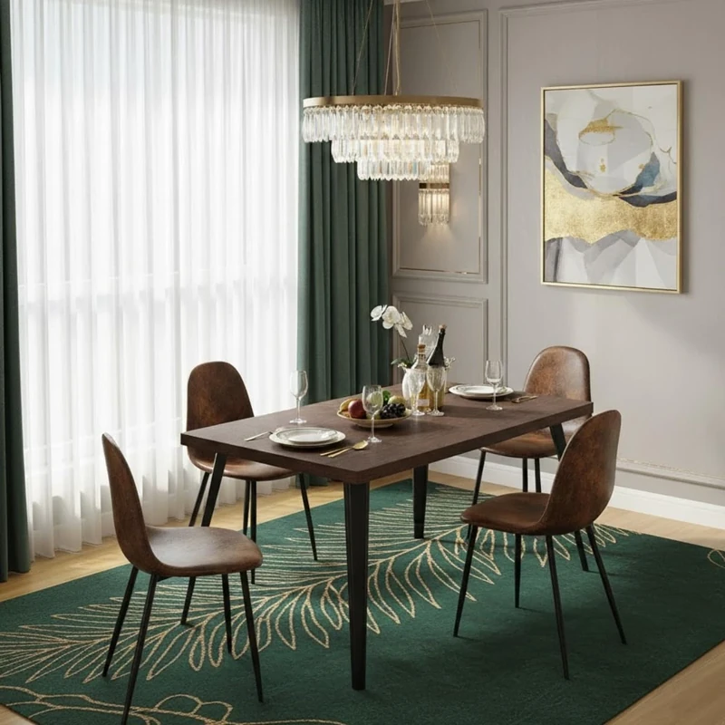 FurnitureR 5PCS Dining Table Chairs Set, 150x80x74cm Table 4pcs Dining Kitchen Chairs, Suede Brown