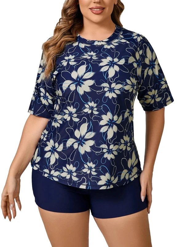JOYBIK Women's Plus Size Two Piece Short Sleeve Rash Guard Sets with Built in Bra UPF50+ Swim Shirt Top and Shorts, Navy/Floral, 1x