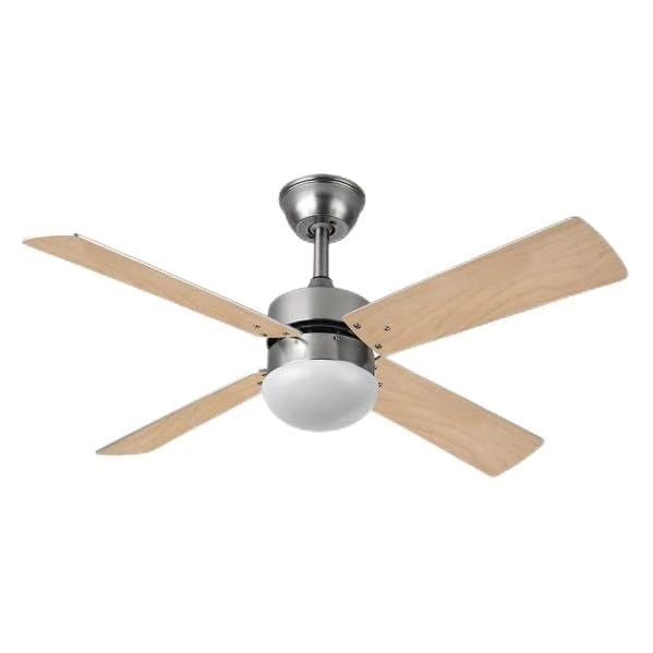 Brightium DC fan with 4 blades, reverse, remote control, timer, nickel and light wood finish, ideal for refreshing spaces.