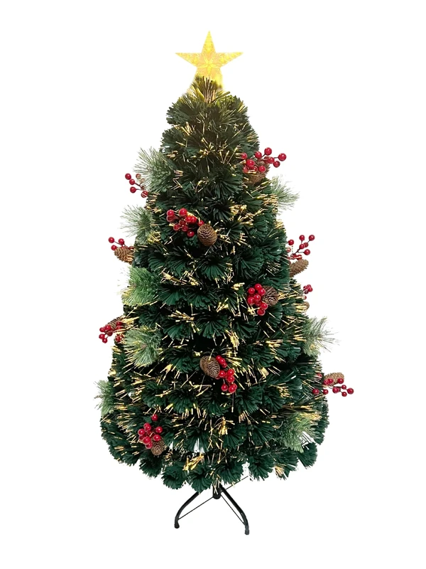 6Ft/180cm Fibre Optic Christmas Tree with Star Topper - Green Pre-Lit Artificial Xmas Tree Featuring Pine Cones, Red Berries, 8 Changing Light Modes