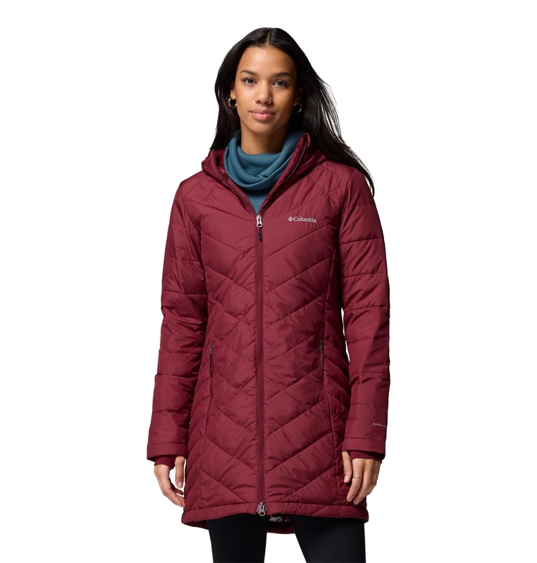 Columbia Women's Heavenly Long Hooded Jacket, Hooded Puffer Jacket, Rich Wine, XS