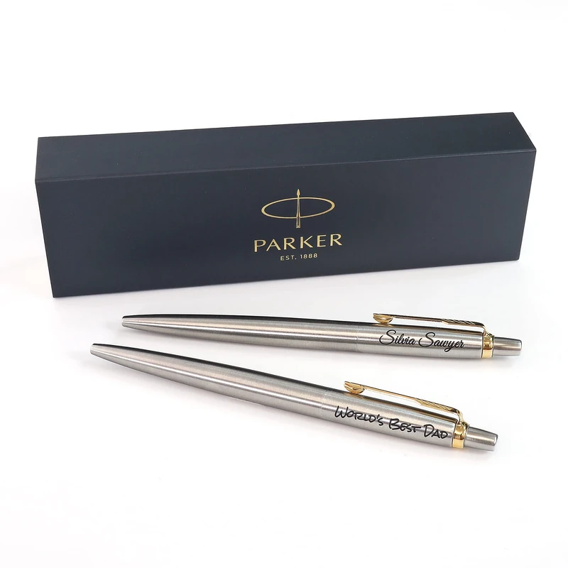 Personalised Engraved ballpoint pen made with Parker Jotter SS + Gift Box | Customised Present for Men Woman | Golden Trim