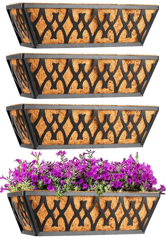 Karlliu 4 Pack 14 Inch Window Boxes Planters Railing Planter Box with Coco Liners Deck Railing Planter Boxes Balcony Hanging Flower Box for Outdoor Plants Garden Decor