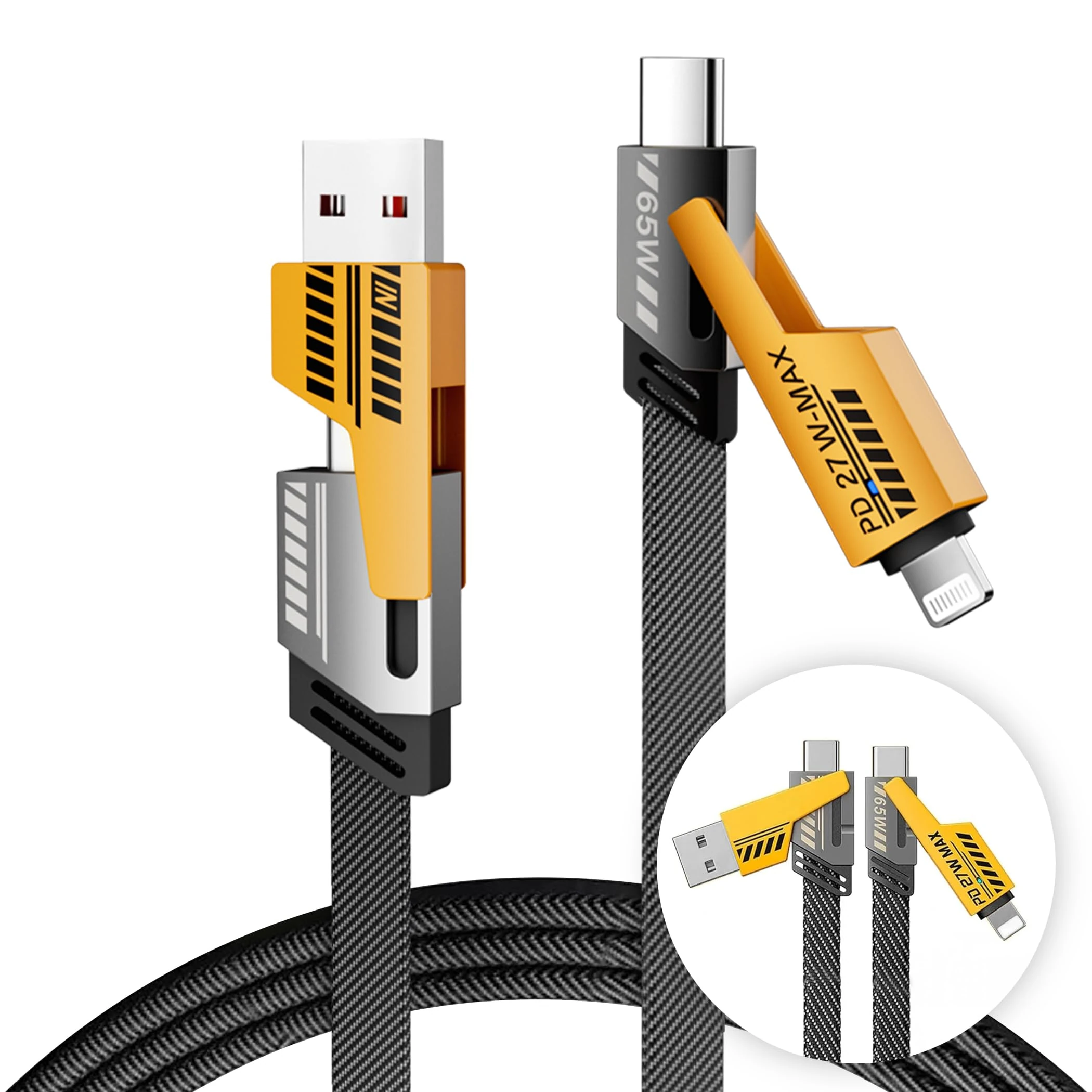 4-in-1 Multi Charger Cable | 65W Fast Charging USB A/C to Light'ning & USB-C | 5FT Nylon Braided iPhone Fast Charger Cable for iPhone 16-12 Pro Max, MacBook, Samsung, iPad, Yellow