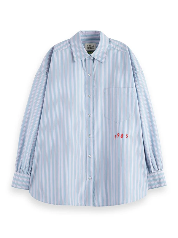 Scotch & Soda Womens Embroidered Girlfriend Shirt, Faded Denim Lavender Stripe V442, 40 UK