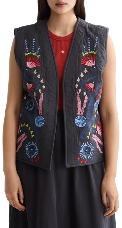 Scotch & Soda Womens Embroidered Gilet Vest, Charcoal Art, L-XL UK