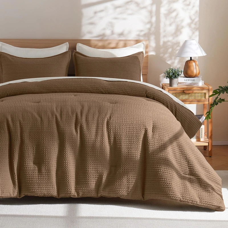 PHF Soft Waffle Comforter Set King Size- Comfy Breathable Waffle Weave Comforter with 2 Pillow Shams, 3 Pieces No Snagging Lightweight Bedding Set for All Season, Cocoa Brown