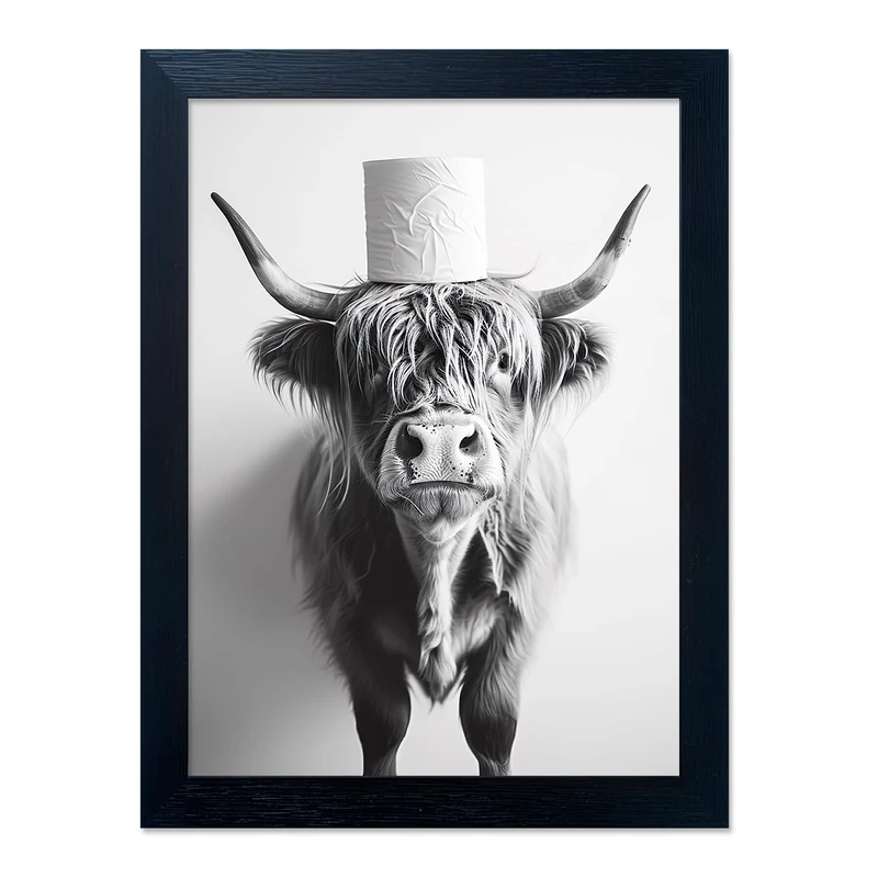 Framed Highland Cow Canvas Wall Art Funny Cow Bathroom Decor Cow Print With Toilet Paper on Head Black and White Animal Bathroom Picture Artworks for Home