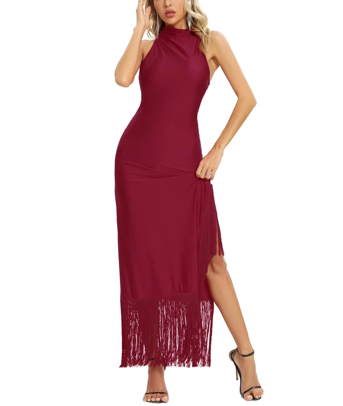 Aigeman Women Vintage Flapper Dresses 1920s Great Gatsby Halter Fringed Maxi Dress Tassels High Split Formal Dress 19, Wine Red, S