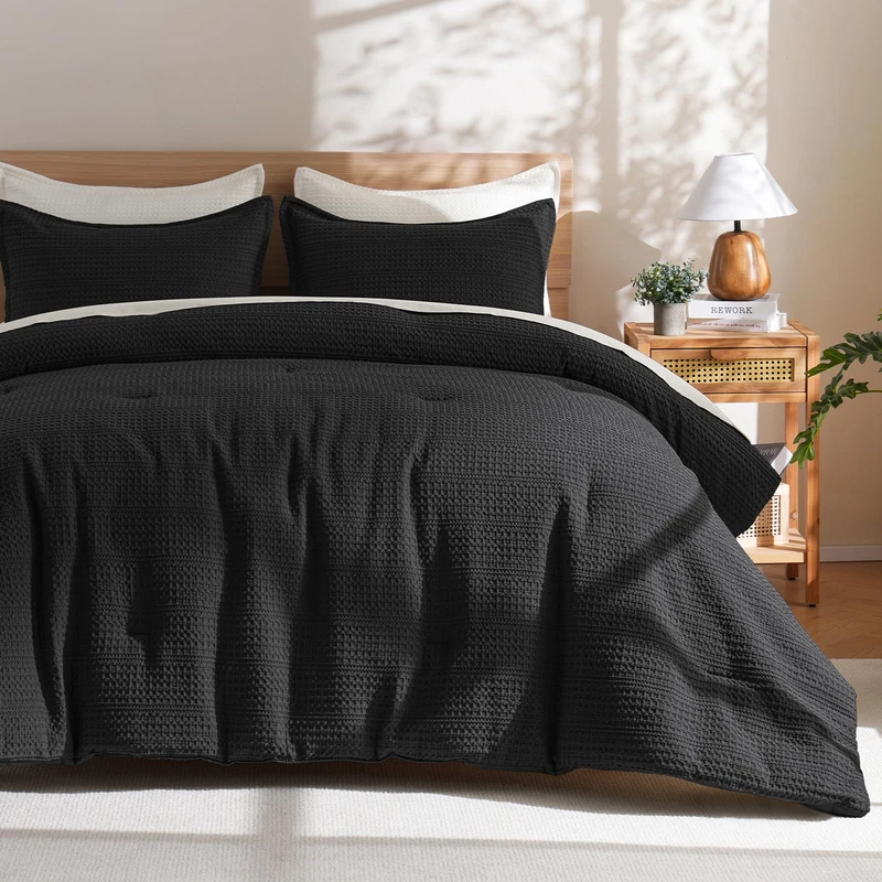 PHF Soft Waffle Comforter Set Twin Size- Comfy Breathable Waffle Weave Comforter with 1 Pillow Sham, 2 Pieces No Snagging Lightweight Bedding Set for All Season, Black