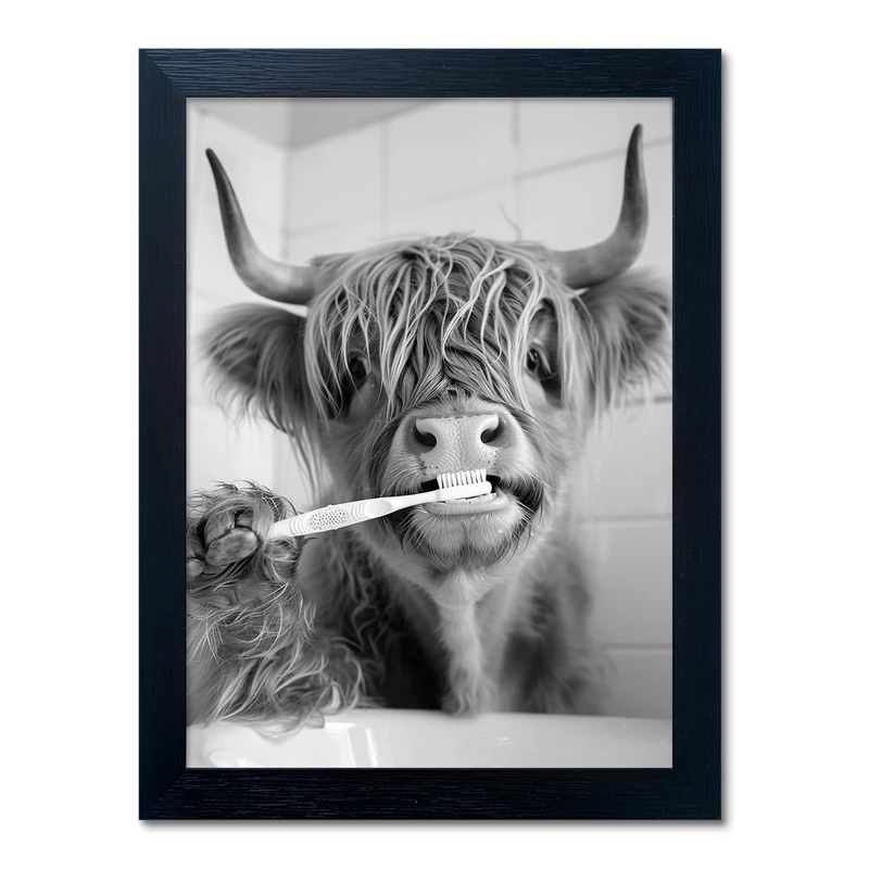 Highland Cow Framed Black and White Wall Art, Funny Cow Pictures in Toilet, Animal Canvas Print for Bathroom Decor