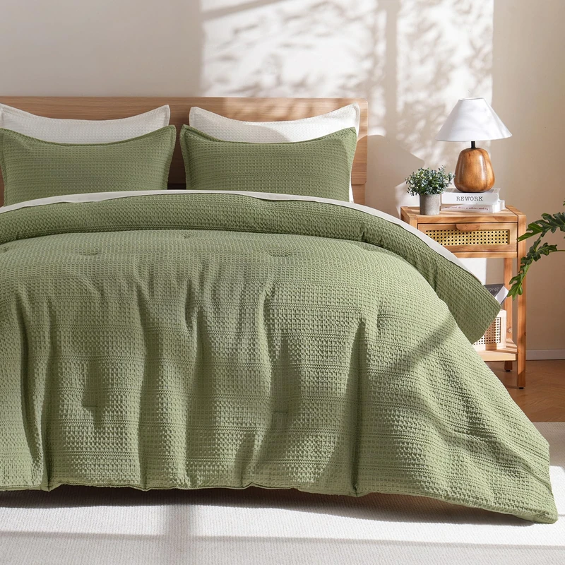 PHF Soft Waffle Comforter Set Queen Size- Comfy Breathable Waffle Weave Comforter with 2 Pillow Shams, 3 Pieces Less Snagging Lightweight Textured Bedding Set for All Season, Olive Green