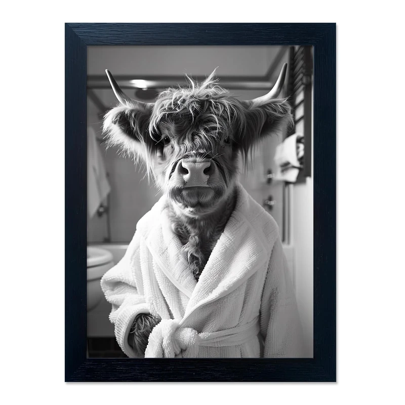 Highland Cow Brushing Teeth Bathroom Wall Decor, Black and White Cow Bathroom Wall Art, Framed Funny Cow Pictures Guest Restroom Decor