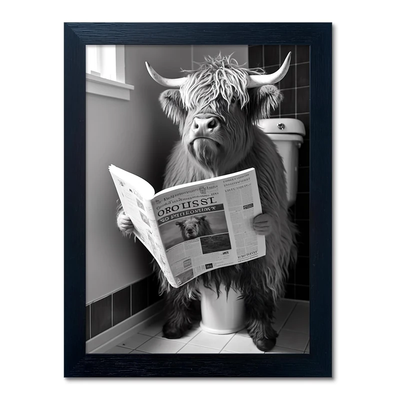 Framed Black and White Bathroom Canvas Print Highland Cow with Toilet Paper on Head Wall Art Toilet Decor Cow Pictures Wall Decor Animal Bathroom Wall Art for Home