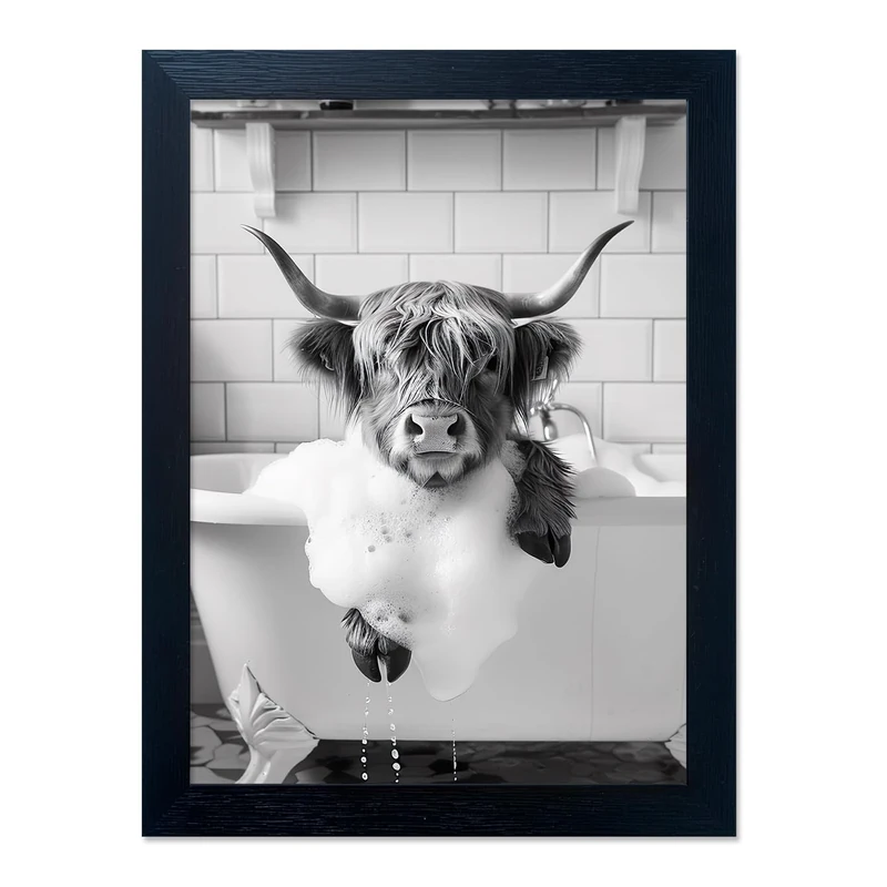Black and White Bathroom Decor Framed Highland Cow Wall Art Funny Cow Pictures Canvas Print Bathroom Picture Artwork