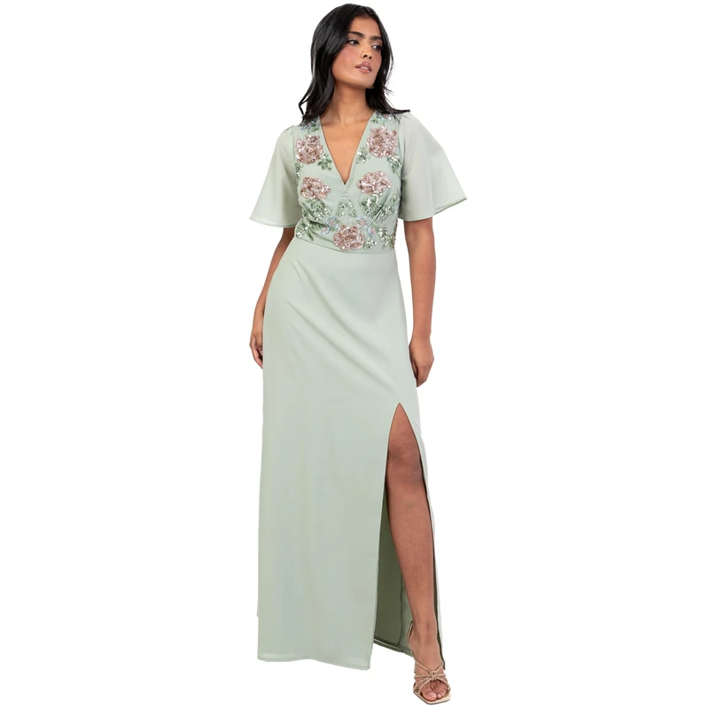 Maya Deluxe Women's Maxi Dress Ladies V-Neck Angel Sleeve Floral Embellished Side Split A-line Bridesmaid Wedding Guest Ball Gown, Green Lily 14