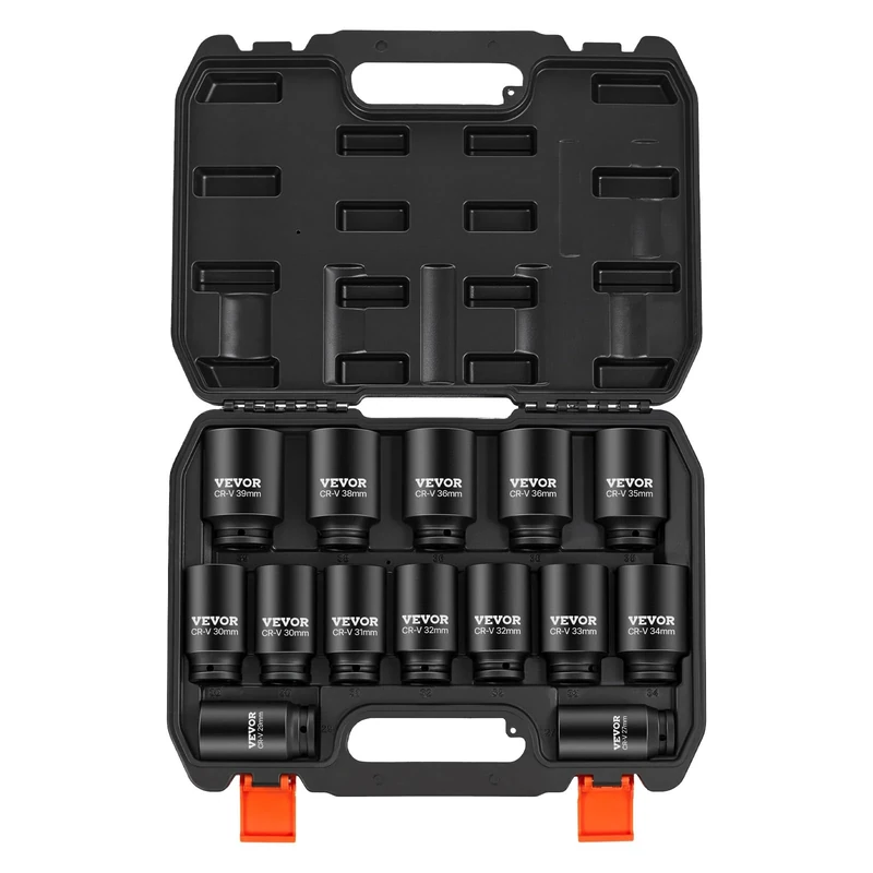 VEVOR Axle Nut Impact Socket Set, 1/2" Drive Deep 6+12-Point 14-Piece Metric Spindle Nut Socket Set, CR-V Heat Treated Large Socket Set with Storage Case, Auto Repair, Removing or Installing Axle Nuts