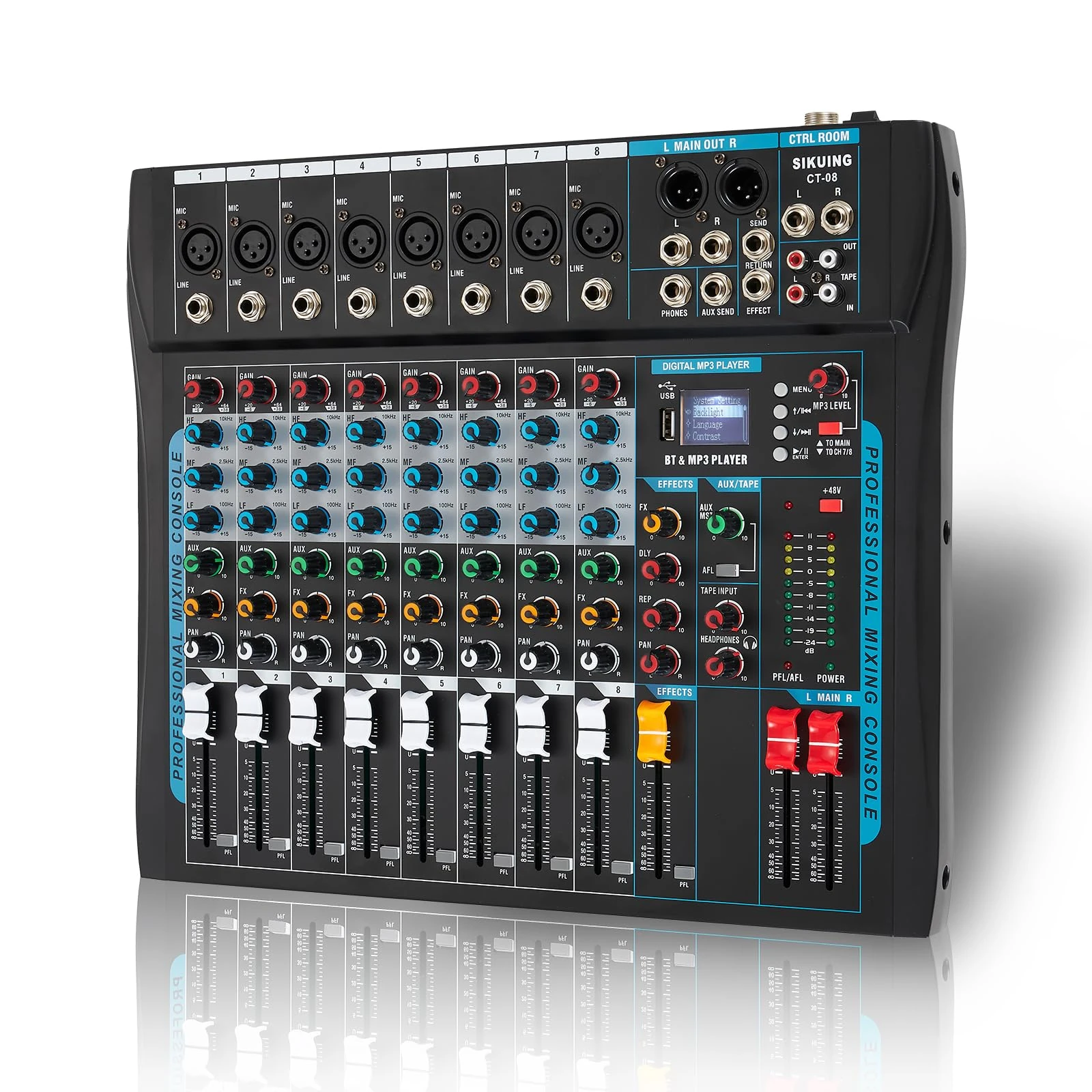 SIKUING 8 Channel Audio Mixer Sound Board Mixer 16 DSP Effect Audio Interfacer w/USB Drive for Computer Recording, 48V Power, XLR Microphone Jack DJ Mixer for Karaoke Studio Streaming Recording