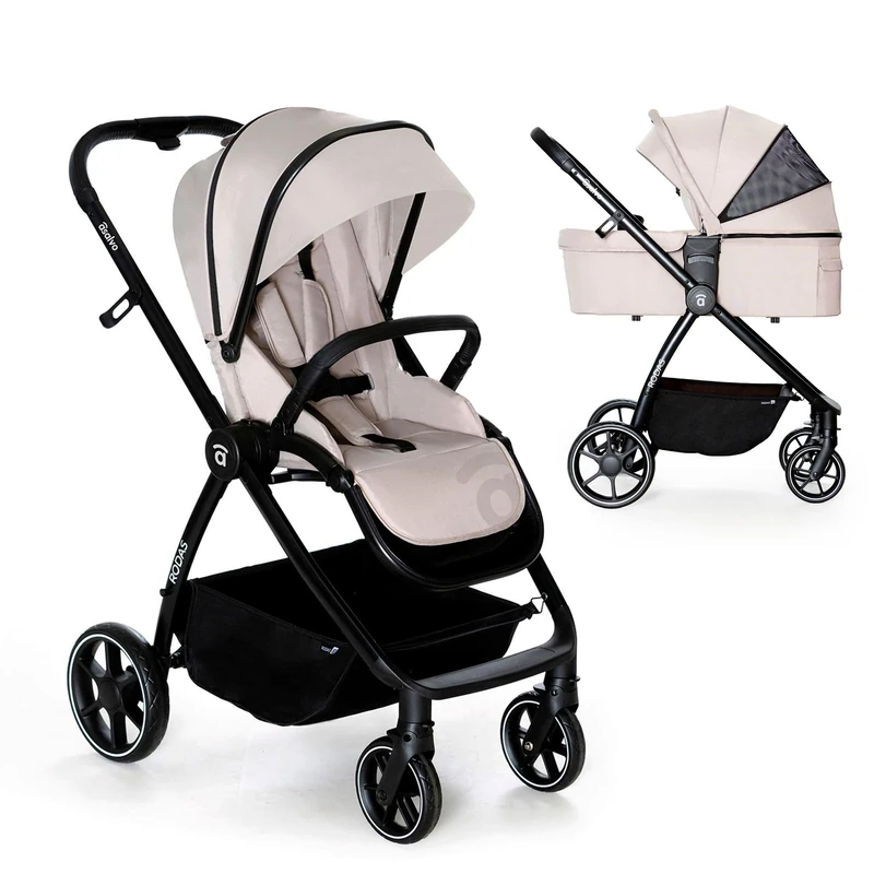 Asalvo Duo RODAS Pushchair, Ultralight and Compact Folding Cart, Trolley Handle, Airplane Luggage, Recliner, Baby Carriage, Safety Bar, 5 Point Harness, up to 23 kg, Beige - Image 1