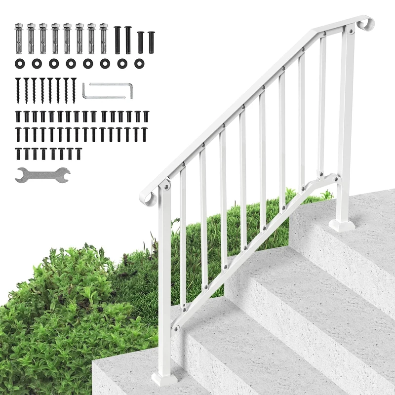 VEVOR Handrails for Outdoor Steps, 3-4 Step Stair Hand Rail Kit, Transitional Carbon Steel Railings with Installation Kit, Stair Rails for Seniors, Concrete Steps & Porch & Deck, White Retro Arch