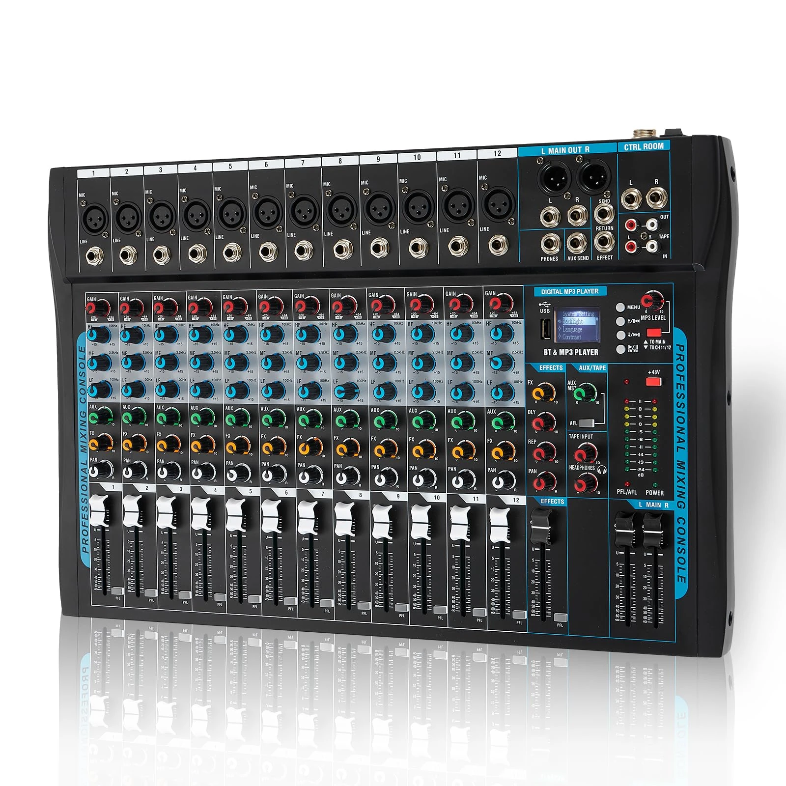 SIKUING 12 Channel Audio Interfacer Sound Board Mixer DJ Mixer 16-Bit DSP Effect USB Audio Mixer +48V Phantom Power Bluetooth Mixer for Karaoke Studio Streaming Recording,Live Streaming