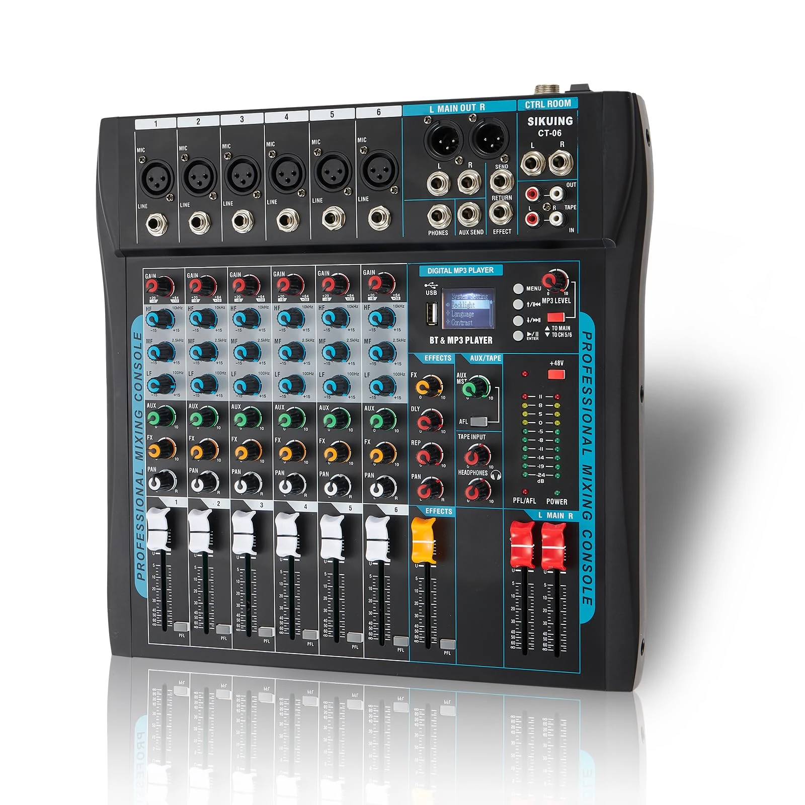 SIKUING Audio Mixer,6 Channel Mixer Board for Streaming, Professional Sounds Board Mixer with 16 DSP Effect, Usb Audio Interface and 48V Phantom Power Mixer, Stereo DJ Mixers for PC Recording/DJ stage