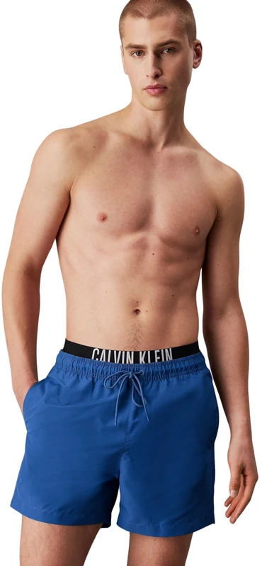 Calvin Klein Men’s Medium Double Swim Shorts with Logo Waistband, Blue (Patch of Blue), L