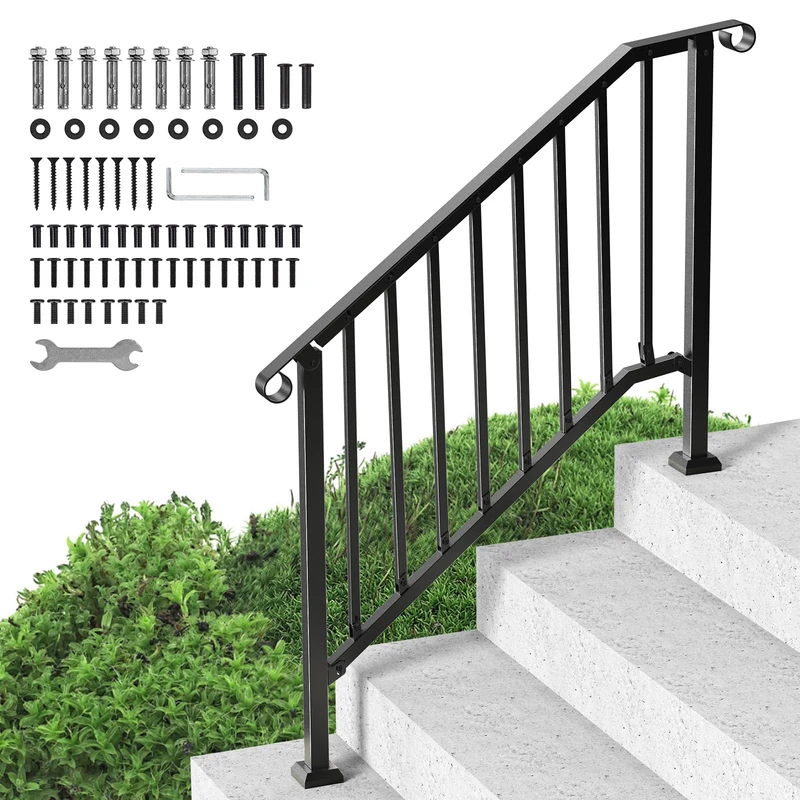 VEVOR Handrails for Outdoor Steps, 3-4 Step Stair Hand Rail Kit, Transitional Iron Railings with Installation Kit, Stair Rails for Seniors, Concrete Steps & Porch & Deck, Black Retro Arch - Image 1