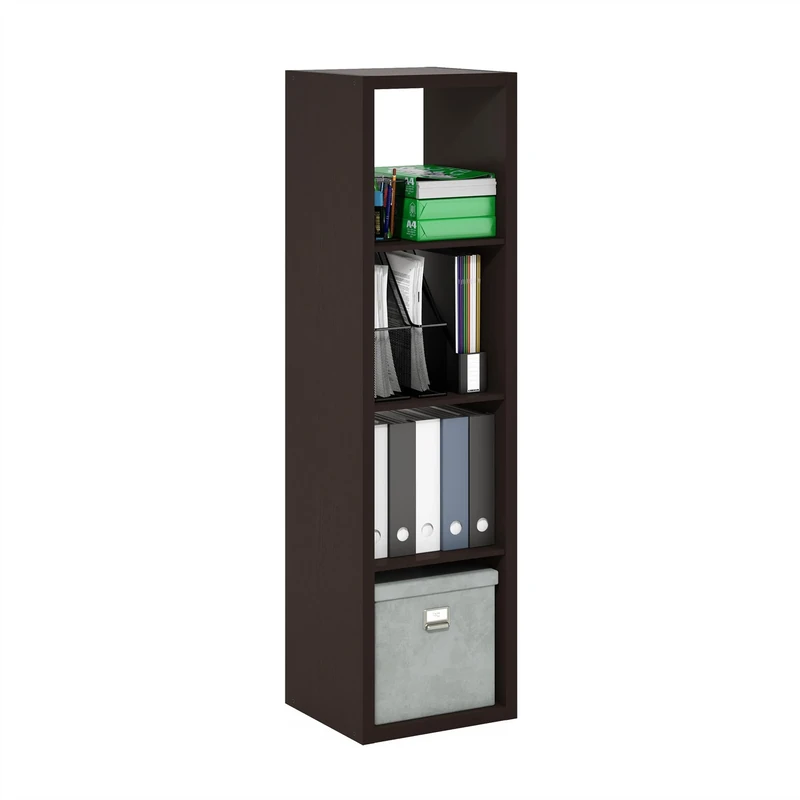 Furinno CUBICLE Book Shelf, 4-Cube Vertical Thick Frame Bookshelf, Horizontally & Vertically Reversible Bookcase with Open Back, 14.6 x 15.9 x 58, for Living Room, Bedroom, Home Office, Black Dark Oak