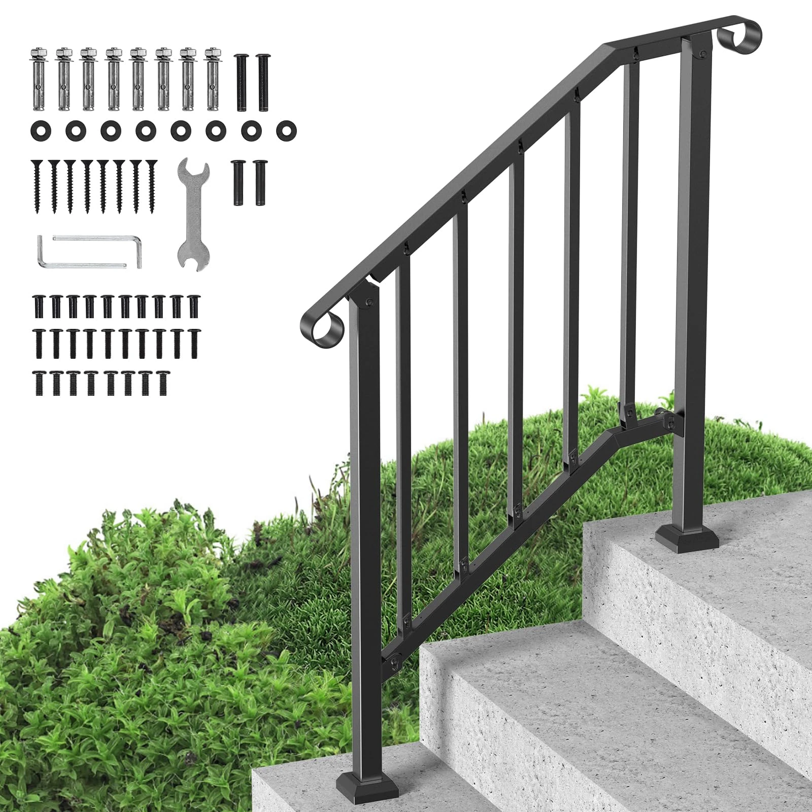 VEVOR Handrails for Outdoor Steps, 2-3 Step Stair Hand Rail Kit, Transitional Carbon Steel Railings with Installation Kit, Stair Rails for Seniors, Concrete Steps & Porch & Deck, Black Retro Arch
