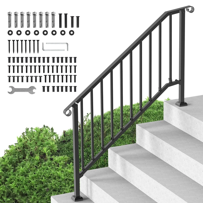VEVOR Handrails for Outdoor Steps, 5 Steps Stair Hand Rail Kit, Transitional Carbon Steel Railings with Installation Kit, Stair Rails for Seniors, Concrete Steps & Porch & Deck, Black Retro Arch